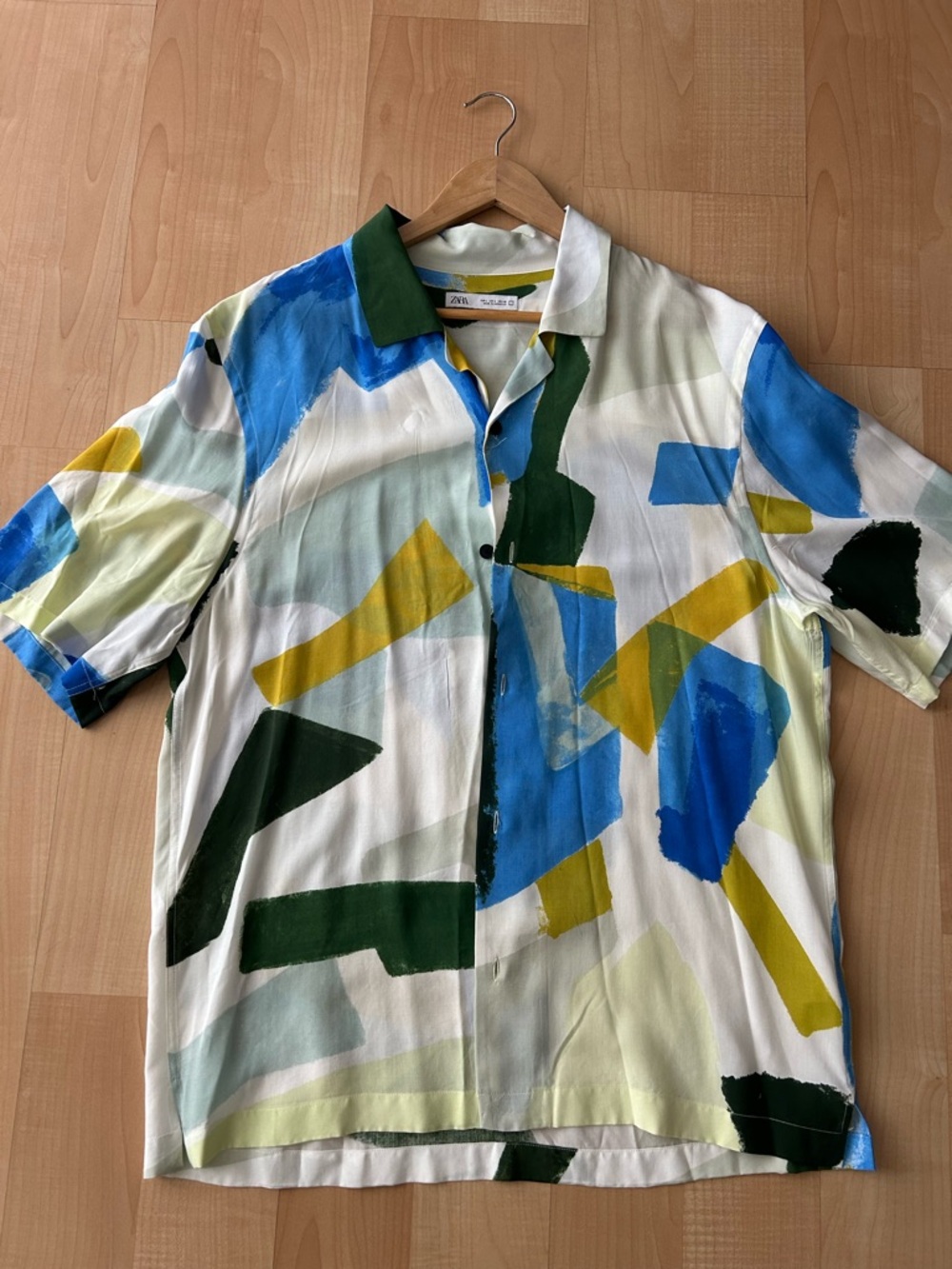 Zara Men’s Short Sleeve Abstract Brushstroke Shirt - White/Blue/Green/Yellow